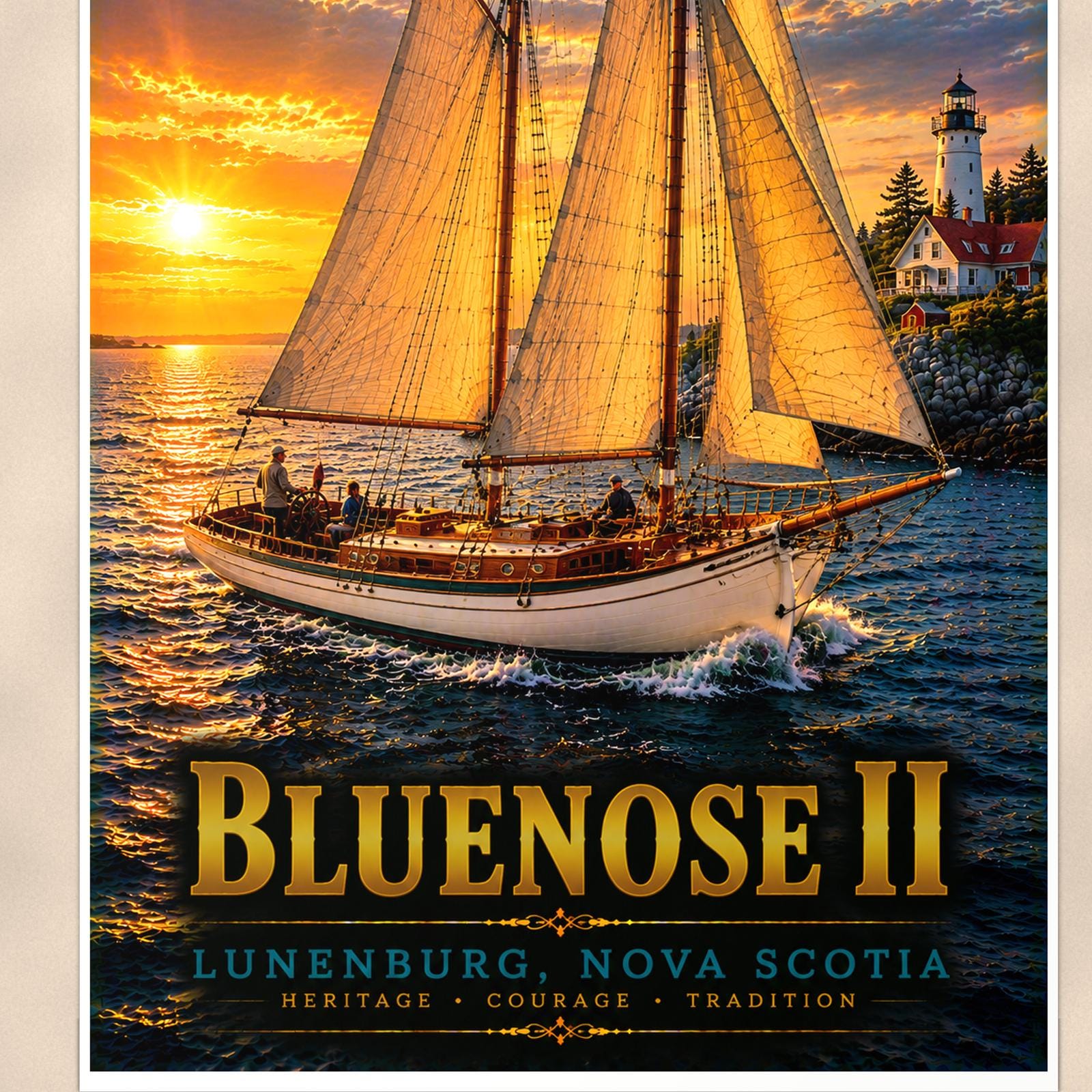Bluenose II - Lunenburg, Nova Scotia — 24x36 in art print poster, premium luster paper with a white border; close-up framed on the main subject of the artwork, paper surface visible.