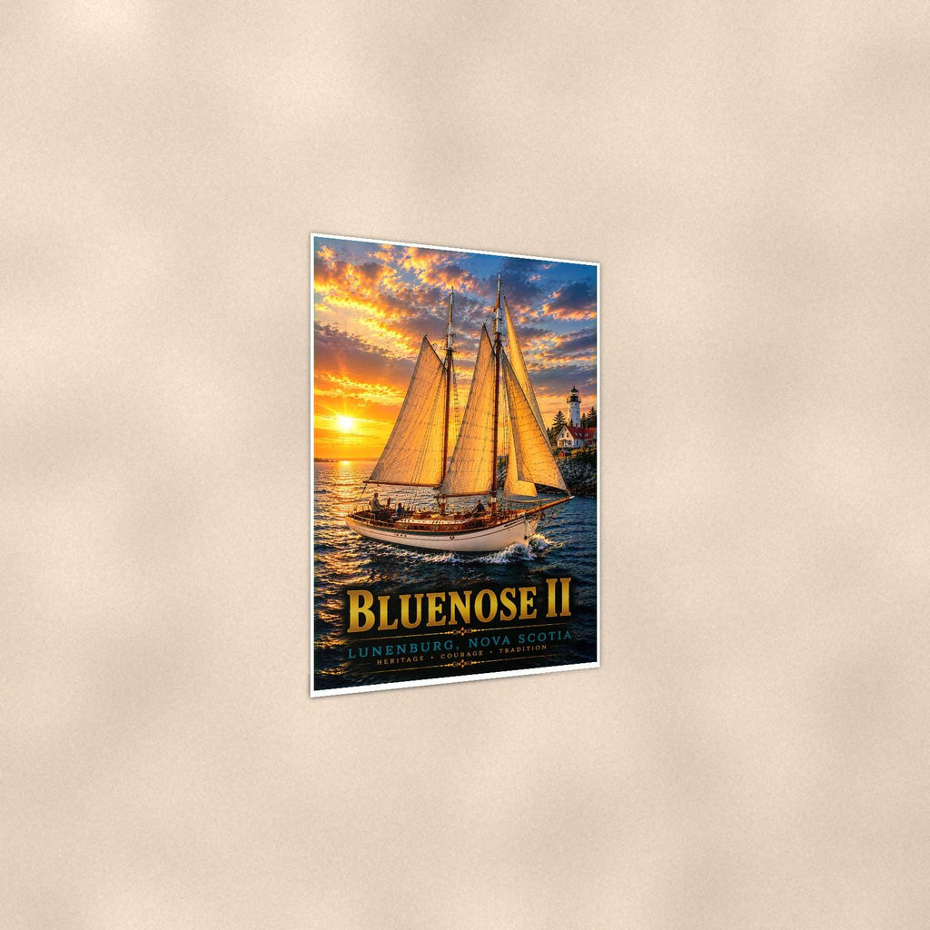 Bluenose II - Lunenburg, Nova Scotia — 24x36 in art print poster, premium luster paper with a white border; gentle three-quarter angle on a warm wall, showing the flat paper edge.