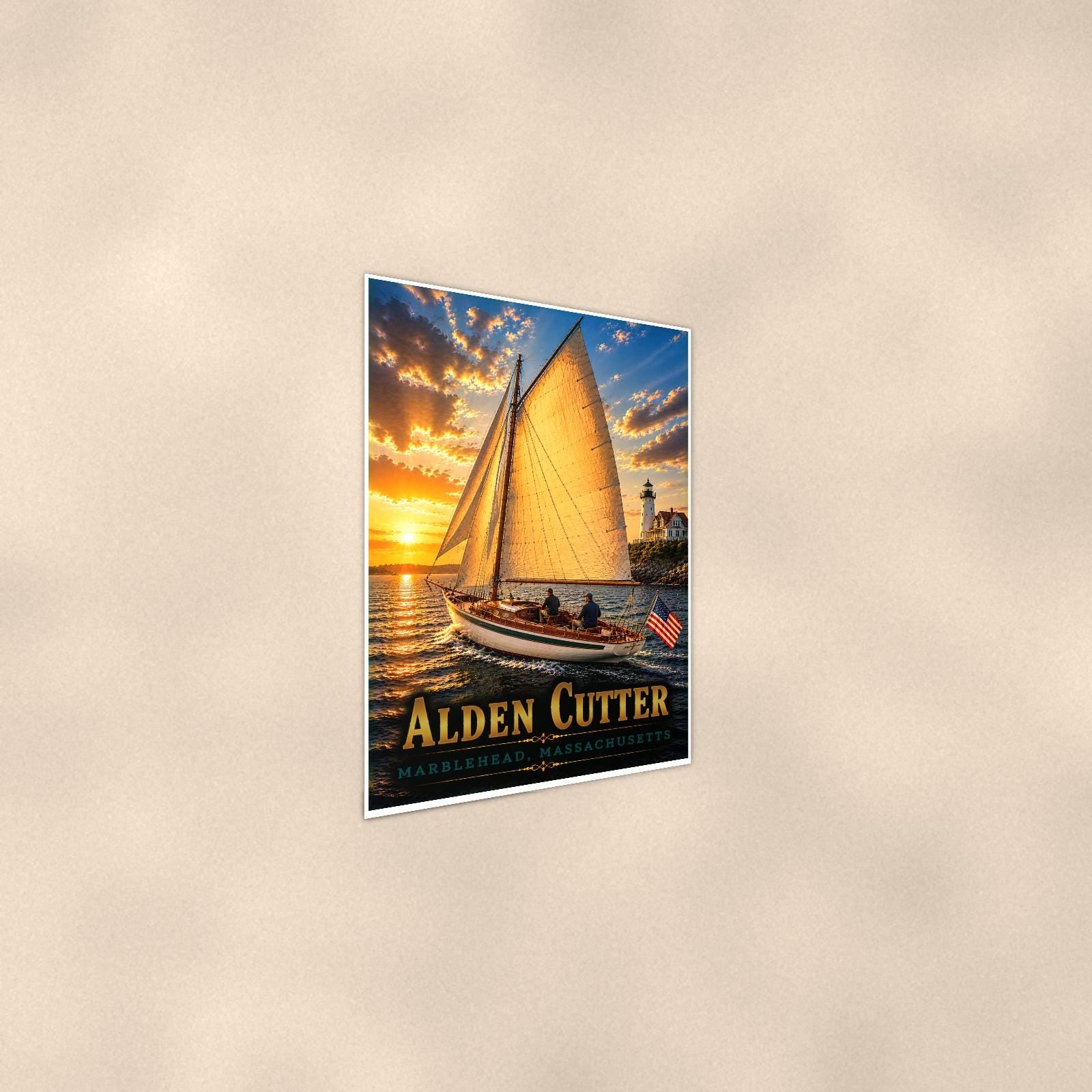 Alden Cutter - Marblehead, Massachusetts — 24x36 in art print poster, premium luster paper with a white border; steeper three-quarter angle on a warm wall, catching the luster sheen.