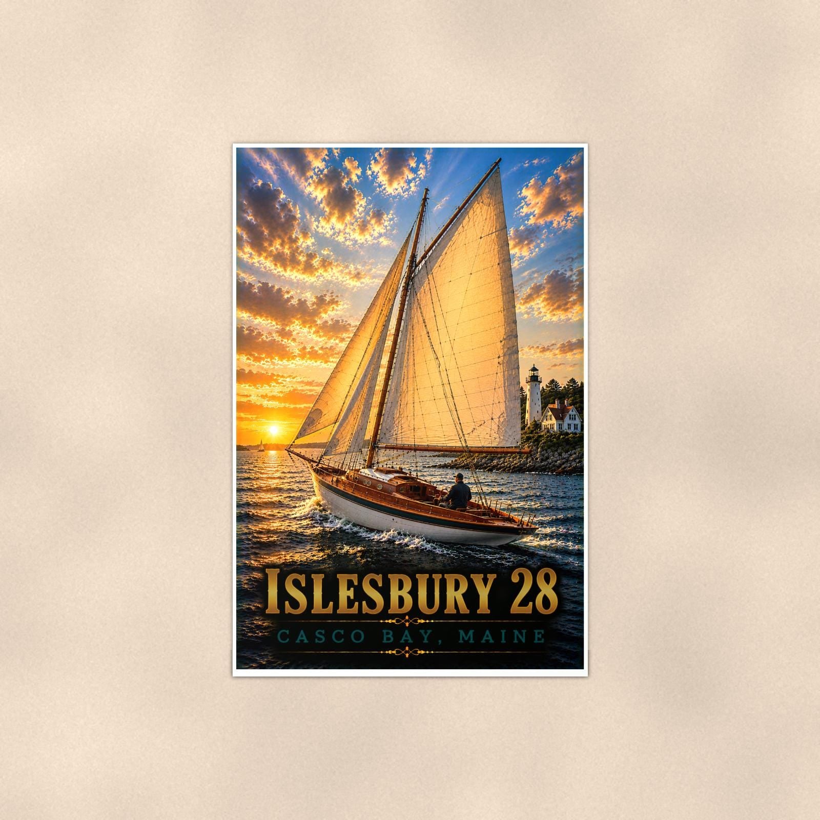 Islesbury 28 - Casco Bay, Maine — 24x36 in art print poster, premium luster paper with a white border; poster shown straight on against a warm wall.