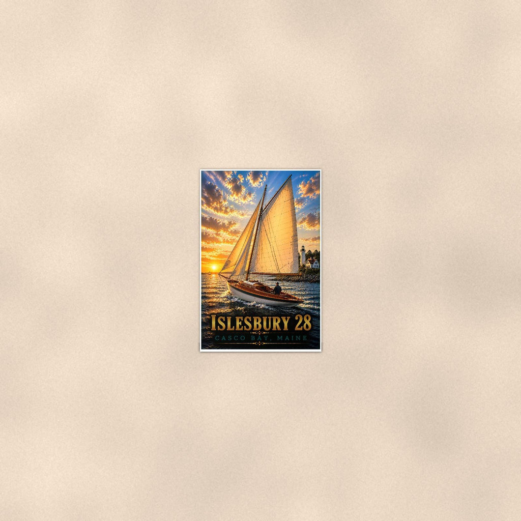 Islesbury 28 - Casco Bay, Maine — 24x36 in art print poster, premium luster paper with a white border; poster seen from further back, at true 24x36 in scale on a warm wall.