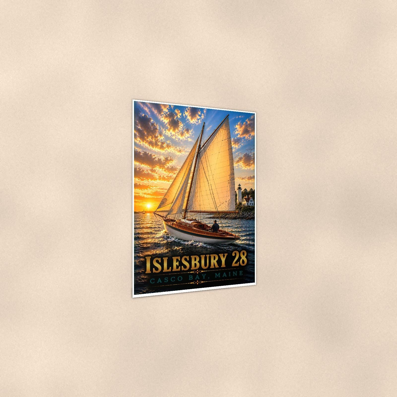 Islesbury 28 - Casco Bay, Maine — 24x36 in art print poster, premium luster paper with a white border; gentle three-quarter angle on a warm wall, showing the flat paper edge.
