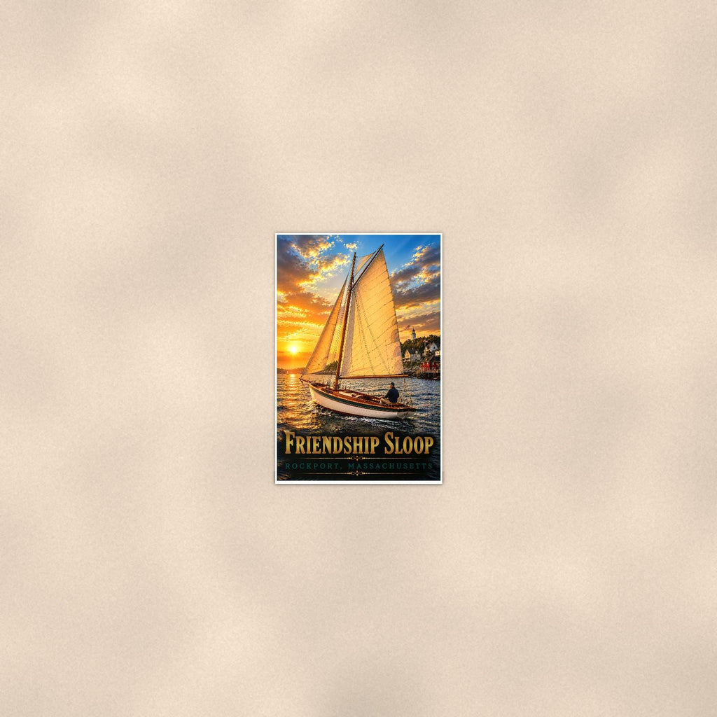 Friendship Sloop - Rockport, Massachusetts — 24x36 in art print poster, premium luster paper with a white border; poster seen from further back, at true 24x36 in scale on a warm wall.