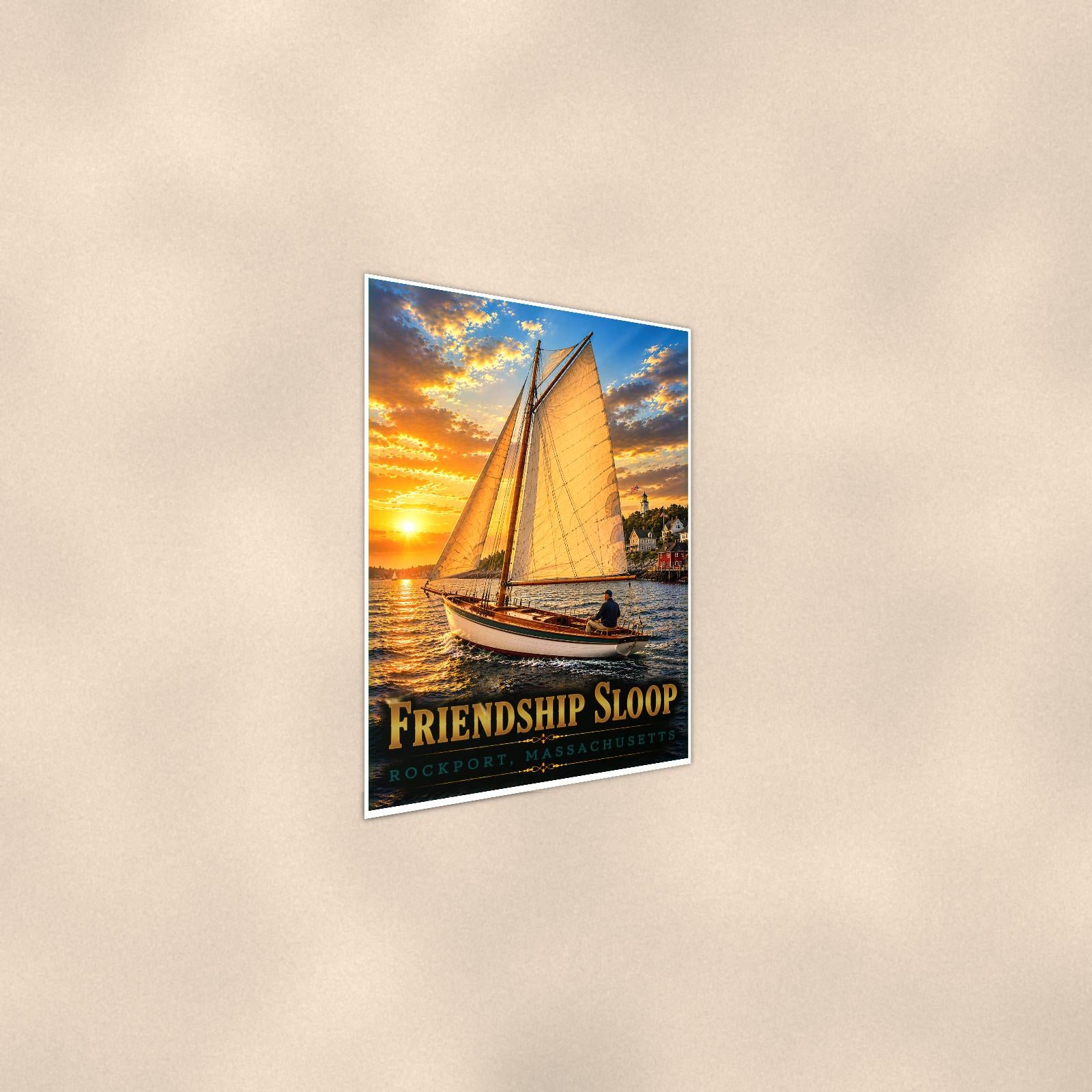 Friendship Sloop - Rockport, Massachusetts — 24x36 in art print poster, premium luster paper with a white border; steeper three-quarter angle on a warm wall, catching the luster sheen.