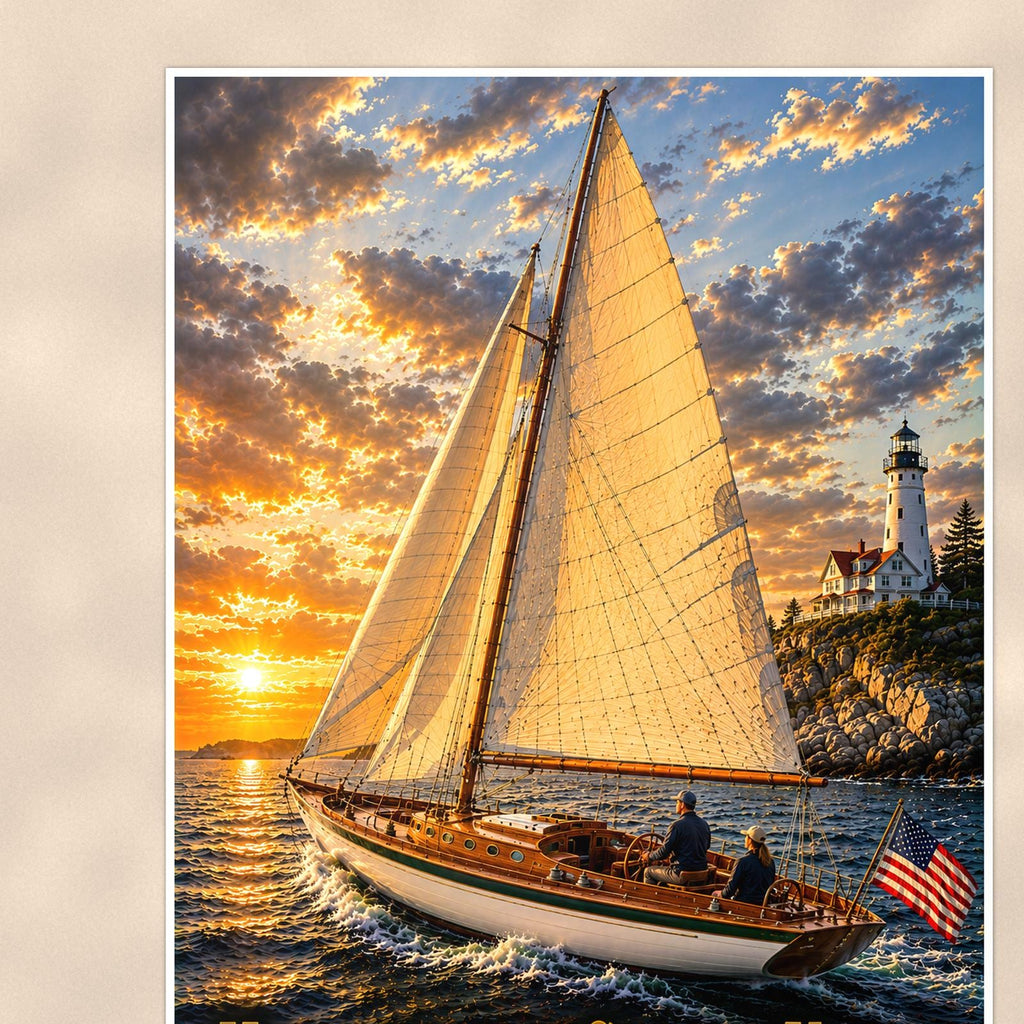 Herreshoff Classic Yacht - Newport, Rhode Island — 24x36 in art print poster, premium luster paper with a white border; close-up framed on the main subject of the artwork, paper surface visible.