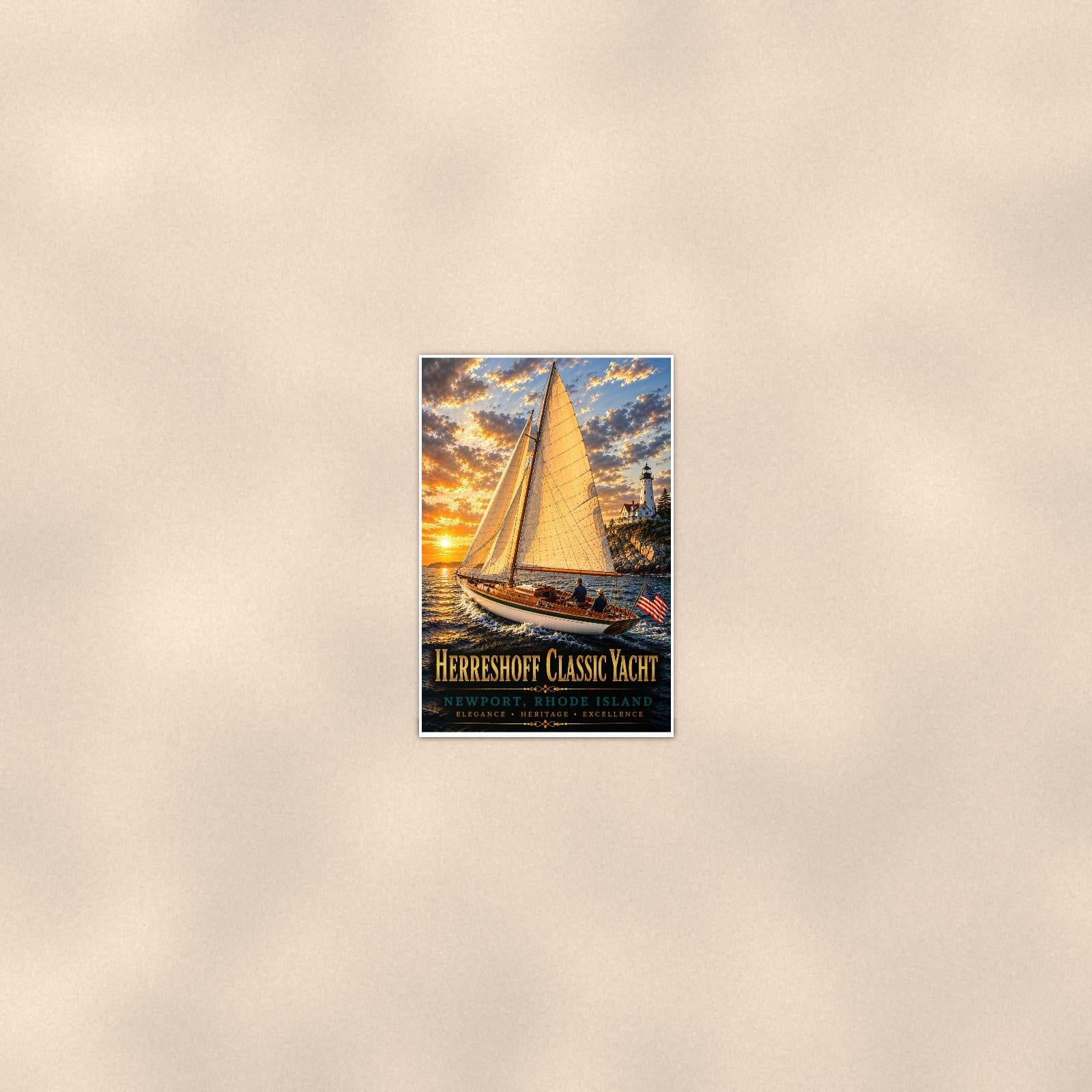Herreshoff Classic Yacht - Newport, Rhode Island — 24x36 in art print poster, premium luster paper with a white border; poster seen from further back, at true 24x36 in scale on a warm wall.