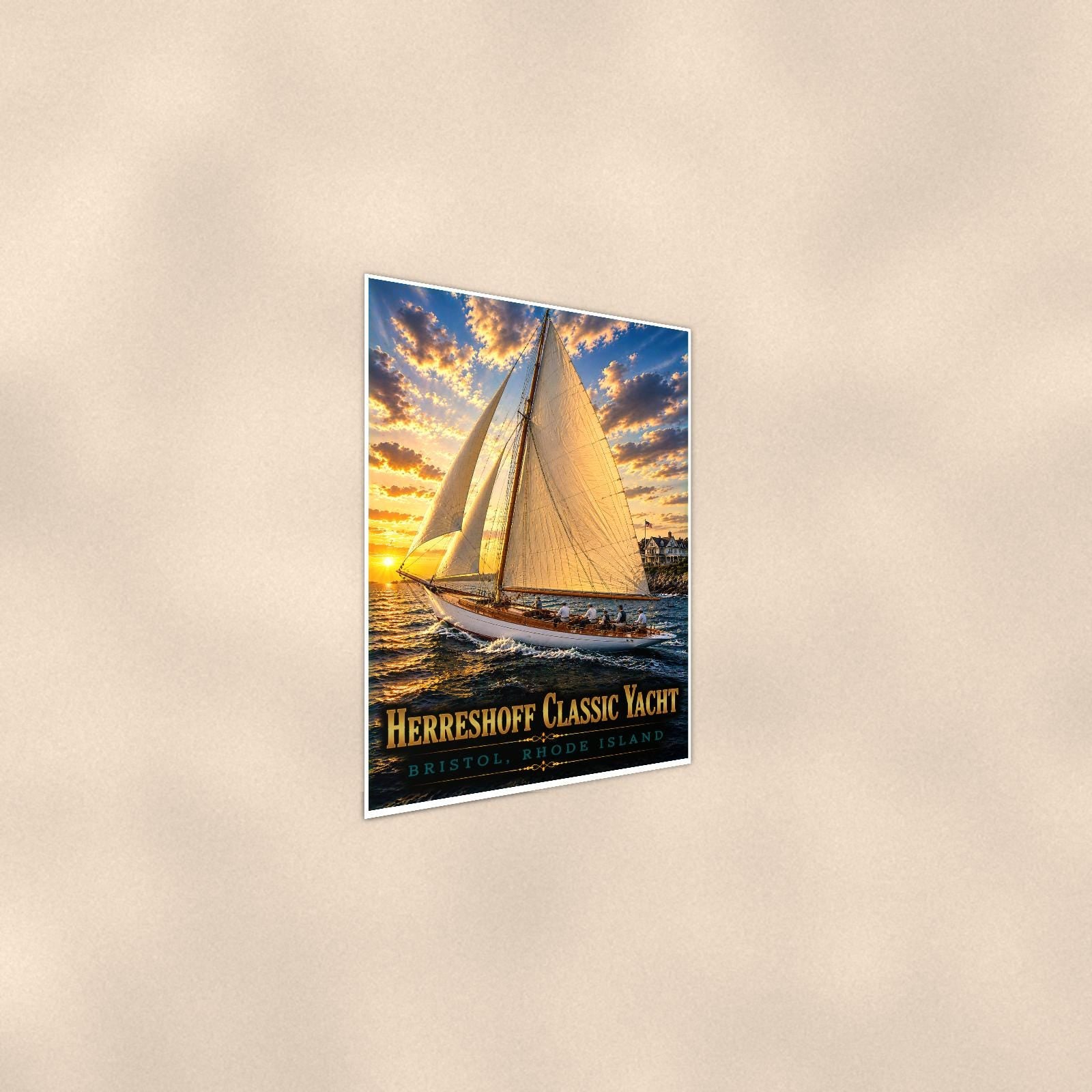 Herreshoff Classic Yacht - Bristol, Rhode Island — 24x36 in art print poster, premium luster paper with a white border; steeper three-quarter angle on a warm wall, catching the luster sheen.