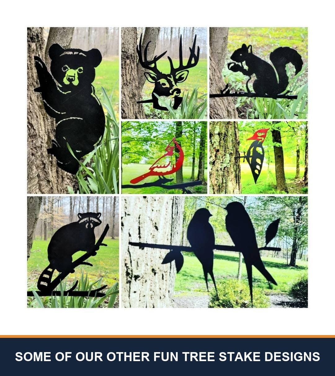 A sampler grid of other TKG metal tree and garden stake designs, shown staked in flower beds and mounted on trees, posts and mailboxes. Captioned “some of our other fun tree stake designs” — these are other designs we make, not what is included with this listing.