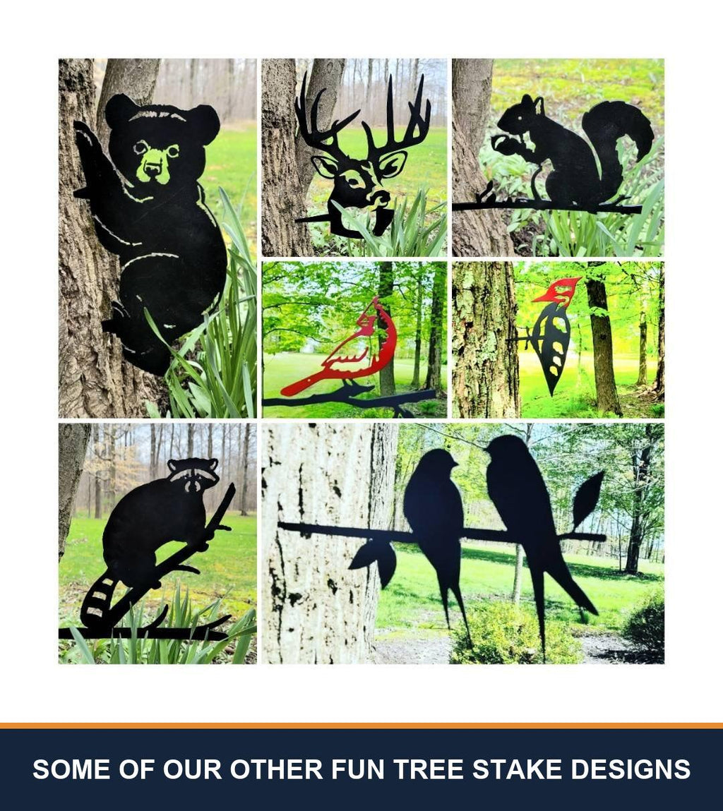 A sampler grid of other TKG metal tree and garden stake designs, shown staked in flower beds and mounted on trees, posts and mailboxes. Captioned “some of our other fun tree stake designs” — these are other designs we make, not what is included with this listing.
