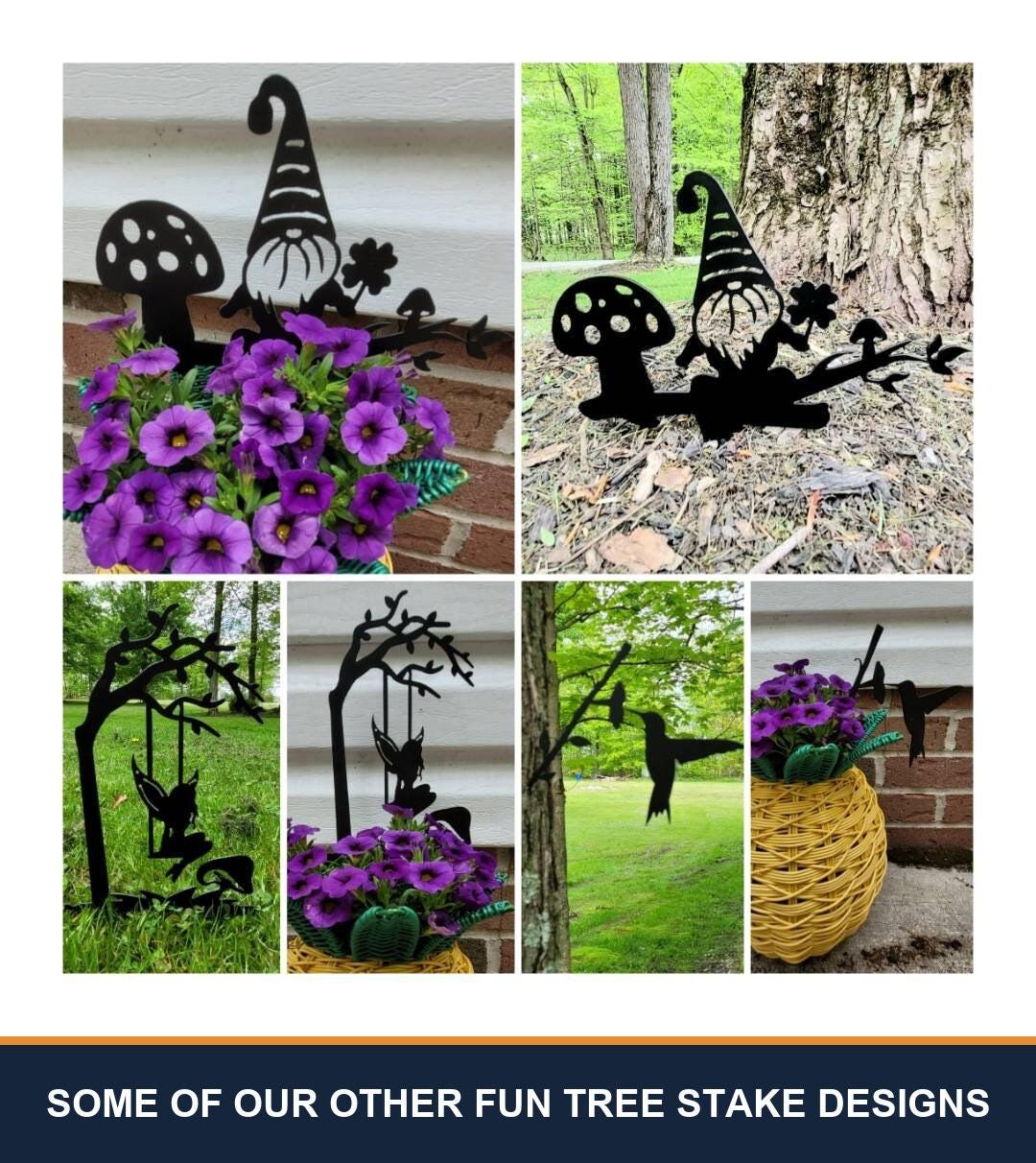 A sampler grid of other TKG metal tree and garden stake designs, shown staked in flower beds and mounted on trees, posts and mailboxes. Captioned “some of our other fun tree stake designs” — these are other designs we make, not what is included with this listing.