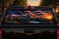 Flag at the Mountain Lake — Truck Rear Window Decal, 68 x 18.5 in Perforated Vinyl, See-Through Graphic, Fits Most Full-Size Pickups