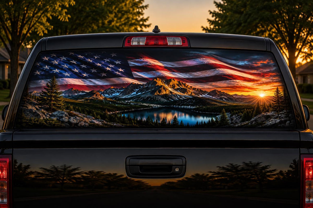 Flag at the Mountain Lake — Truck Rear Window Decal, 68 x 18.5 in Perforated Vinyl, See-Through Graphic, Fits Most Full-Size Pickups