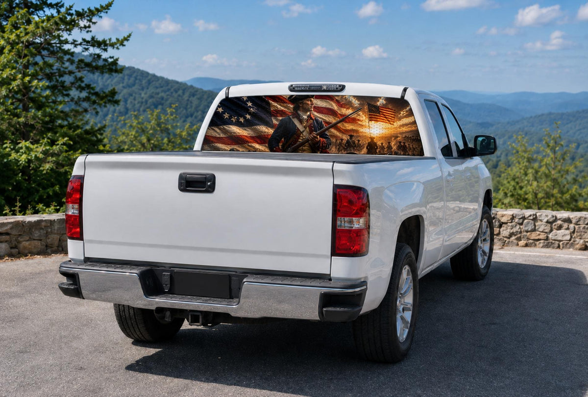 POW MIA Flag — Truck Rear Window Decal, 68 x 18.5 in Perforated Vinyl, See-Through Graphic, Fits Most Full-Size Pickups