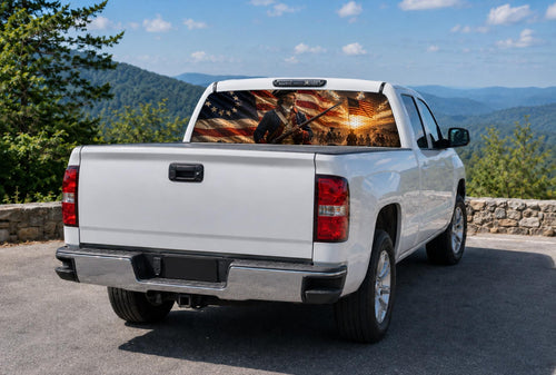 POW MIA Flag — perforated window decal, perforated vinyl that you see straight out through from the inside while the artwork shows on the outside.
