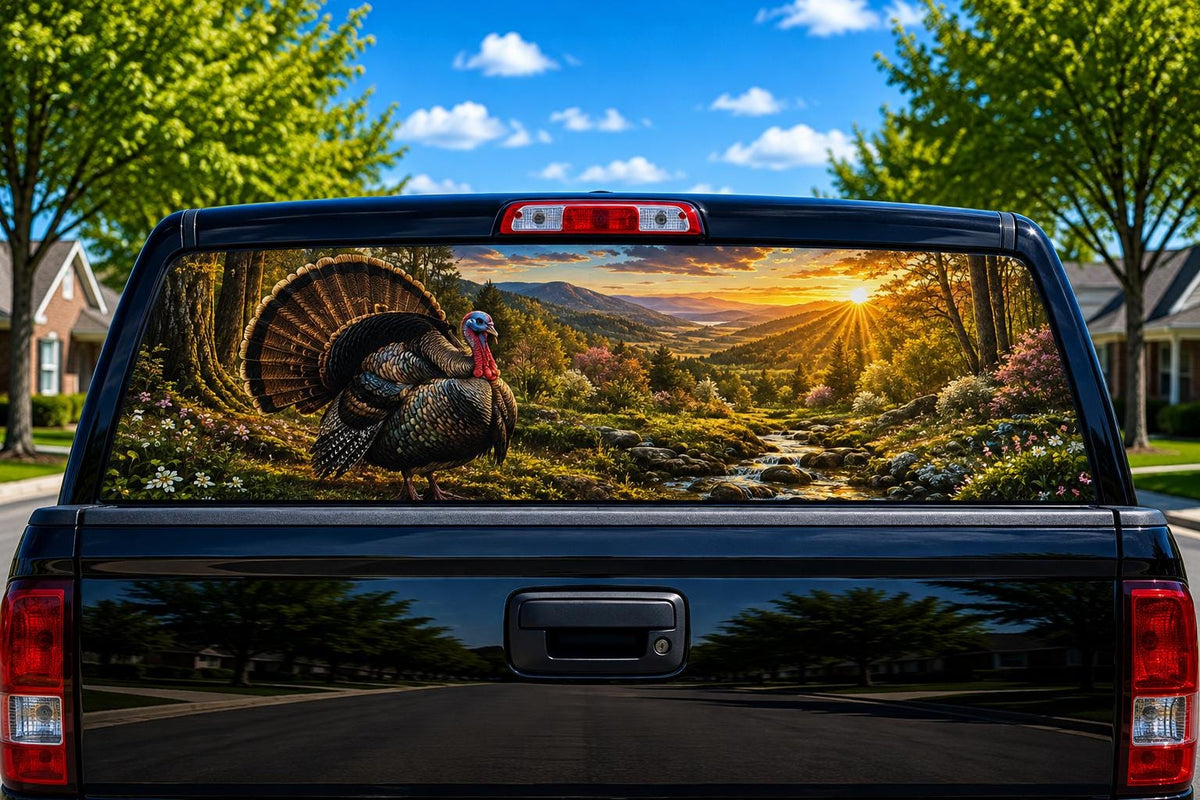 Wild Turkey at Sunrise — Truck Rear Window Decal, 68 x 18.5 in Perforated Vinyl, See-Through Graphic, Fits Most Full-Size Pickups