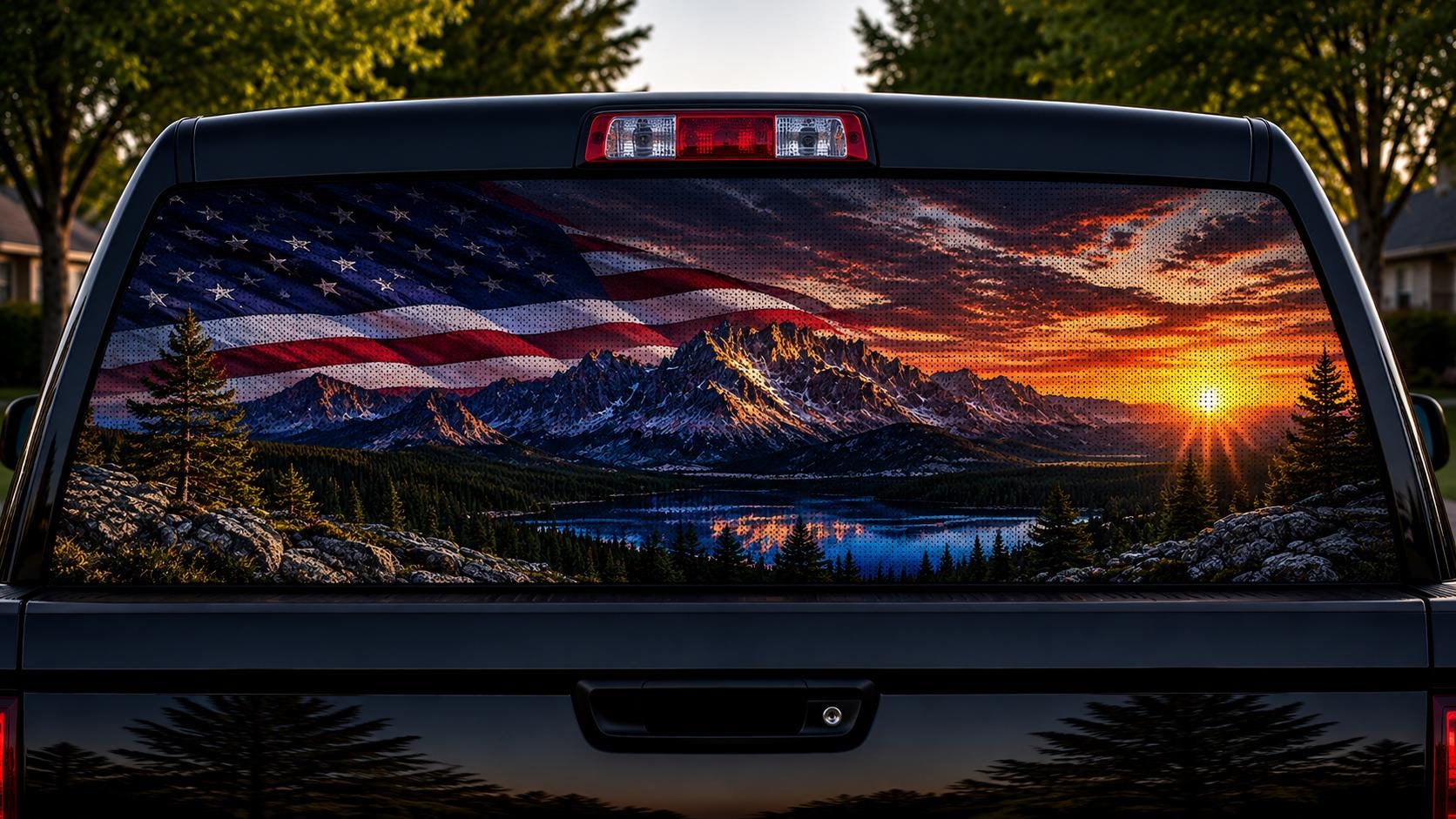 Flag at the Mountain Lake — Truck Rear Window Decal, 68 x 18.5 in Perforated Vinyl, See-Through Graphic, Fits Most Full-Size Pickups