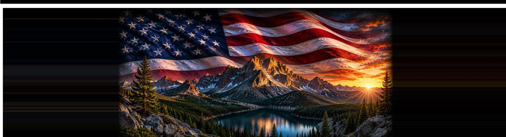 Flag at the Mountain Lake — Truck Rear Window Decal, 68 x 18.5 in Perforated Vinyl, See-Through Graphic, Fits Most Full-Size Pickups