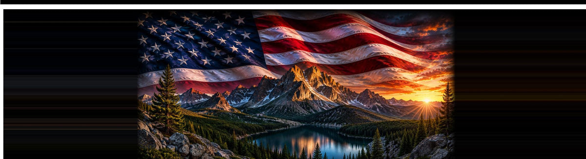 Flag at the Mountain Lake — Truck Rear Window Decal, 68 x 18.5 in Perforated Vinyl, See-Through Graphic, Fits Most Full-Size Pickups