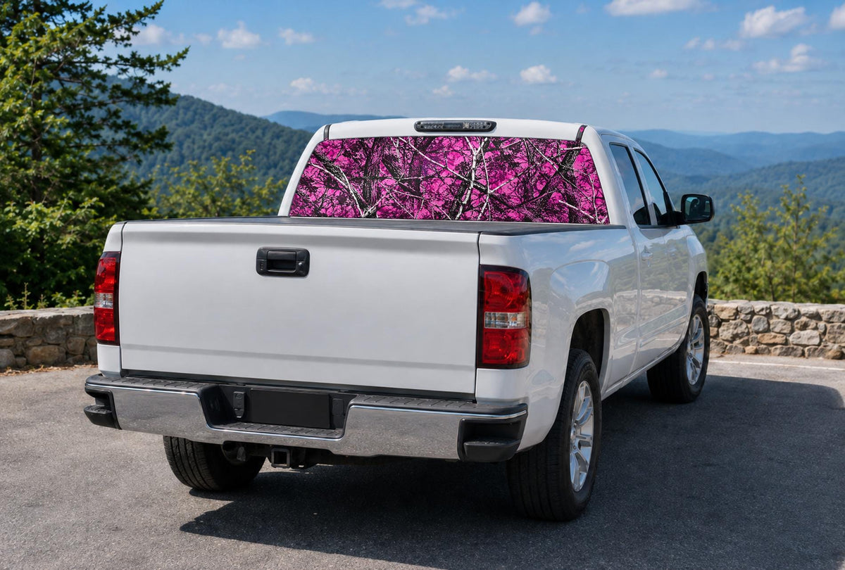 Pink Muddy Camo — Truck Rear Window Decal, 68 x 18.5 in Perforated Vinyl, See-Through Graphic, Fits Most Full-Size Pickups