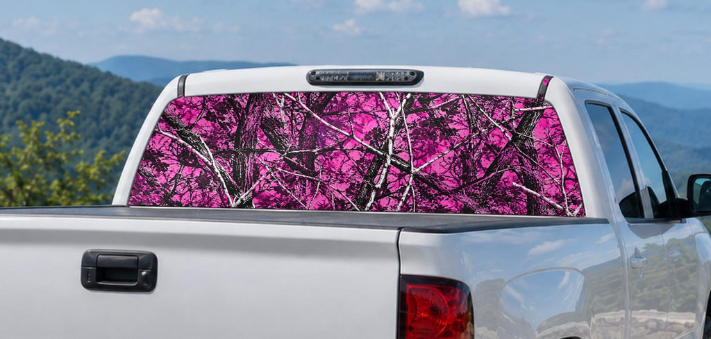 Pink Muddy Camo — Truck Rear Window Decal, 68 x 18.5 in Perforated Vinyl, See-Through Graphic, Fits Most Full-Size Pickups