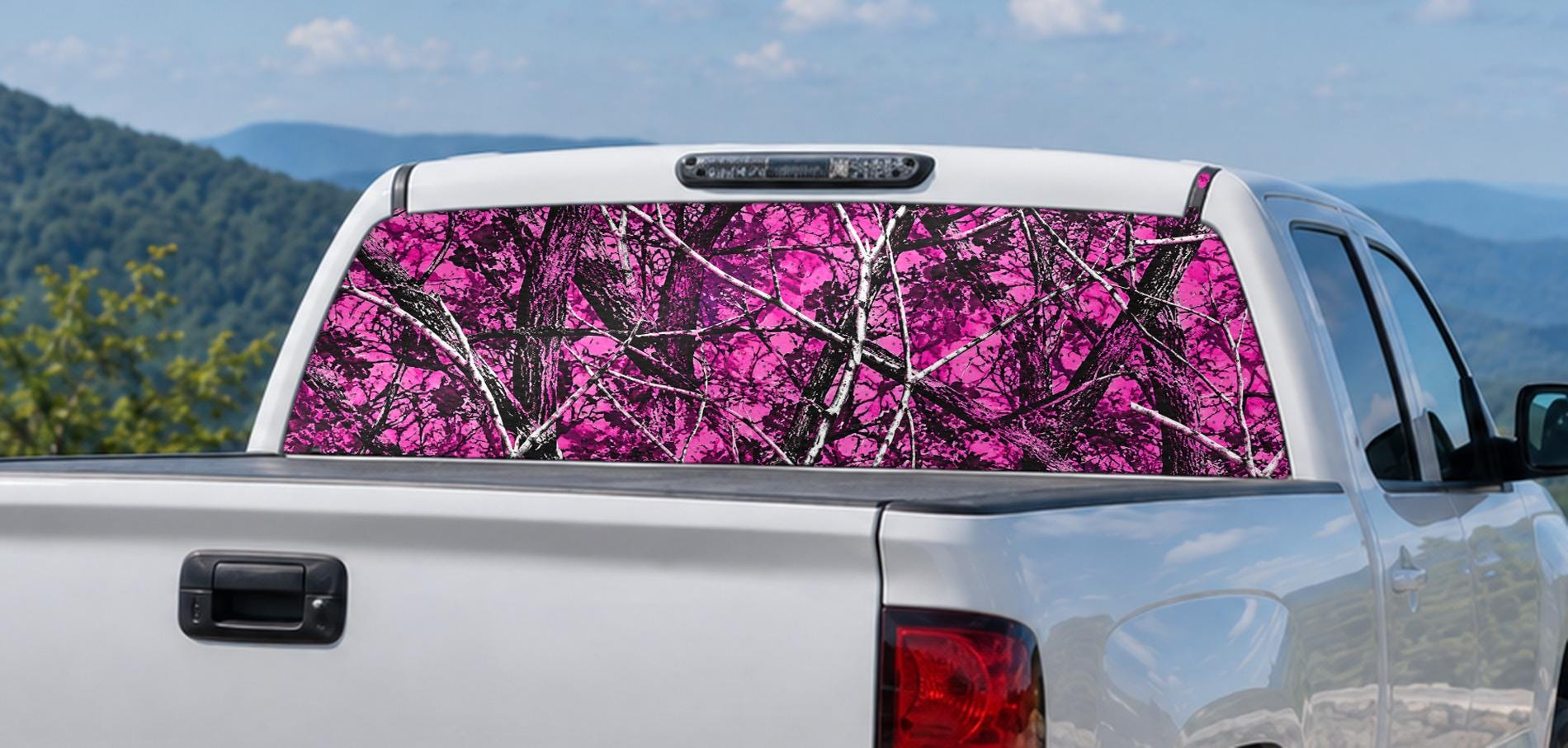 Pink Muddy Camo — Truck Rear Window Decal, 68 x 18.5 in Perforated Vinyl, See-Through Graphic, Fits Most Full-Size Pickups