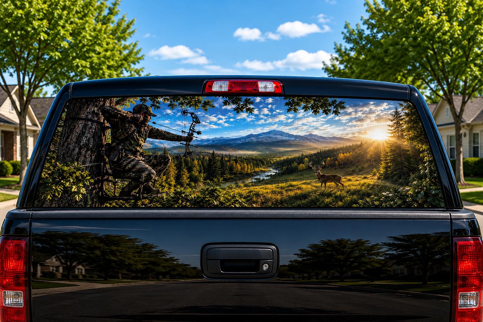 Bowhunter at First Light — Truck Rear Window Decal, 68 x 18.5 in Perforated Vinyl, See-Through Graphic, Fits Most Full-Size Pickups