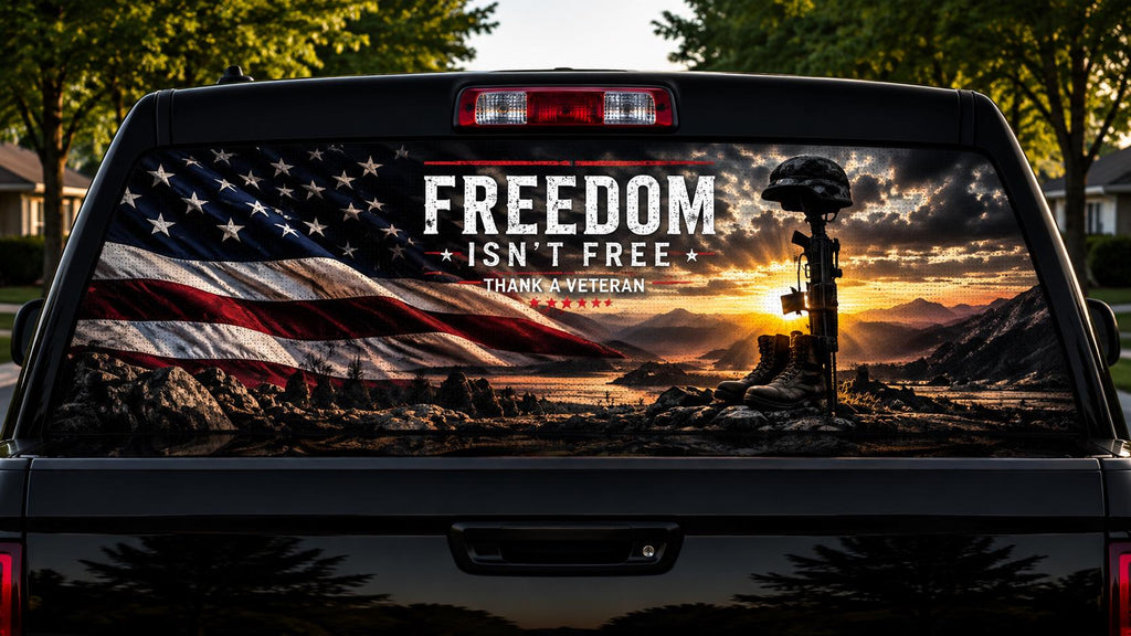 Freedom Isn't Free Memorial — Truck Rear Window Decal, 68 x 18.5 in Perforated Vinyl, See-Through Graphic, Fits Most Full-Size Pickups