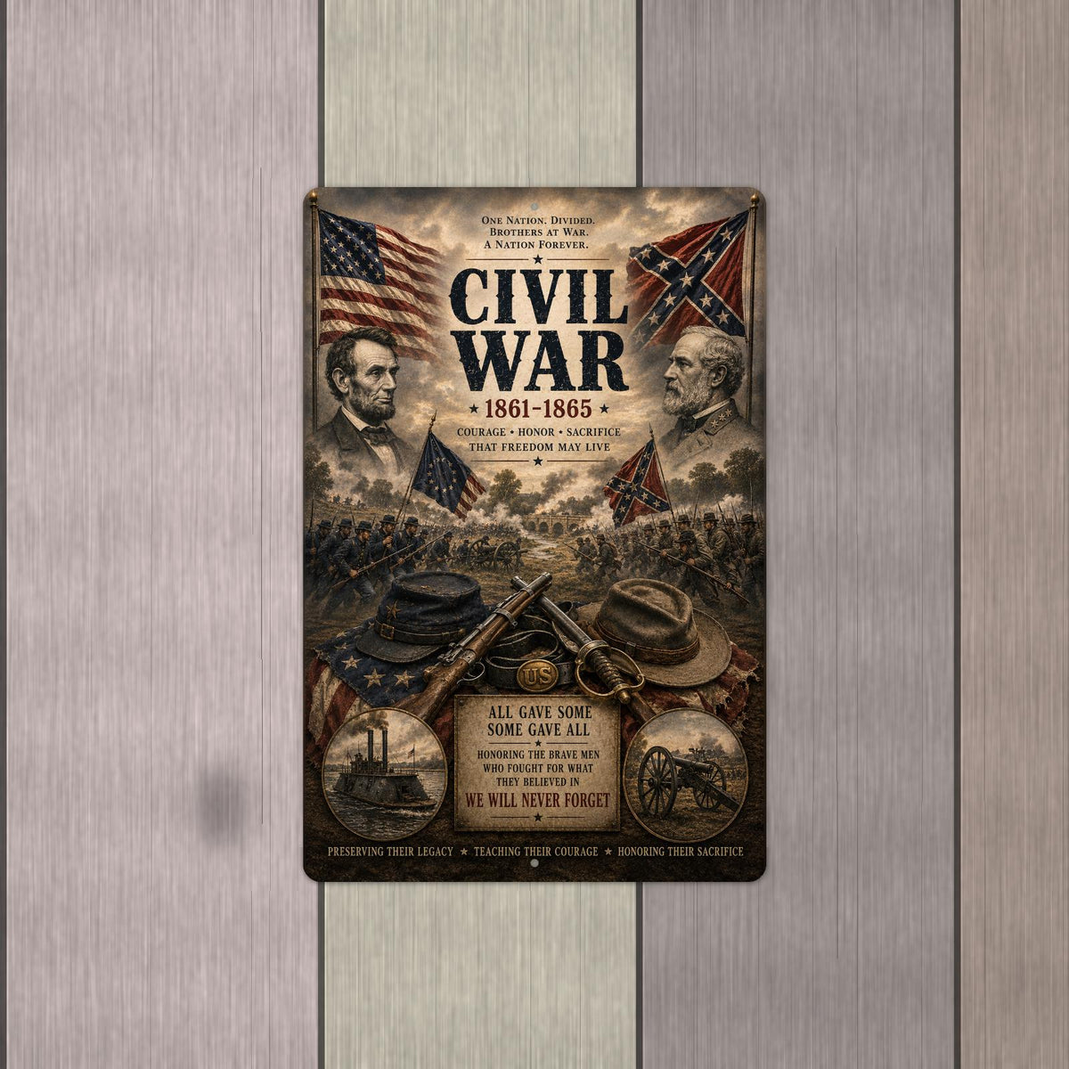 Civil War 1861-1865 Patriotic Metal Sign printed edge to edge on a .032 inch aluminum sign with two mounting holes centred on the short edges, shown hanging on a wall