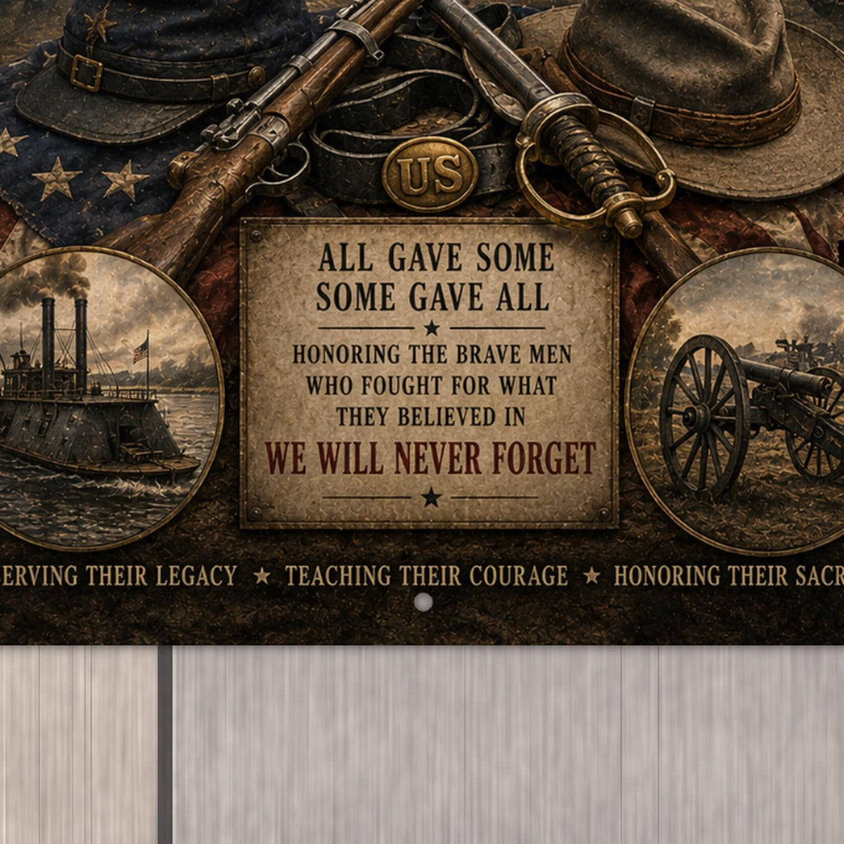 Civil War 1861-1865 Patriotic Metal Sign aluminum sign shown close up so the printed detail and one mounting hole are visible