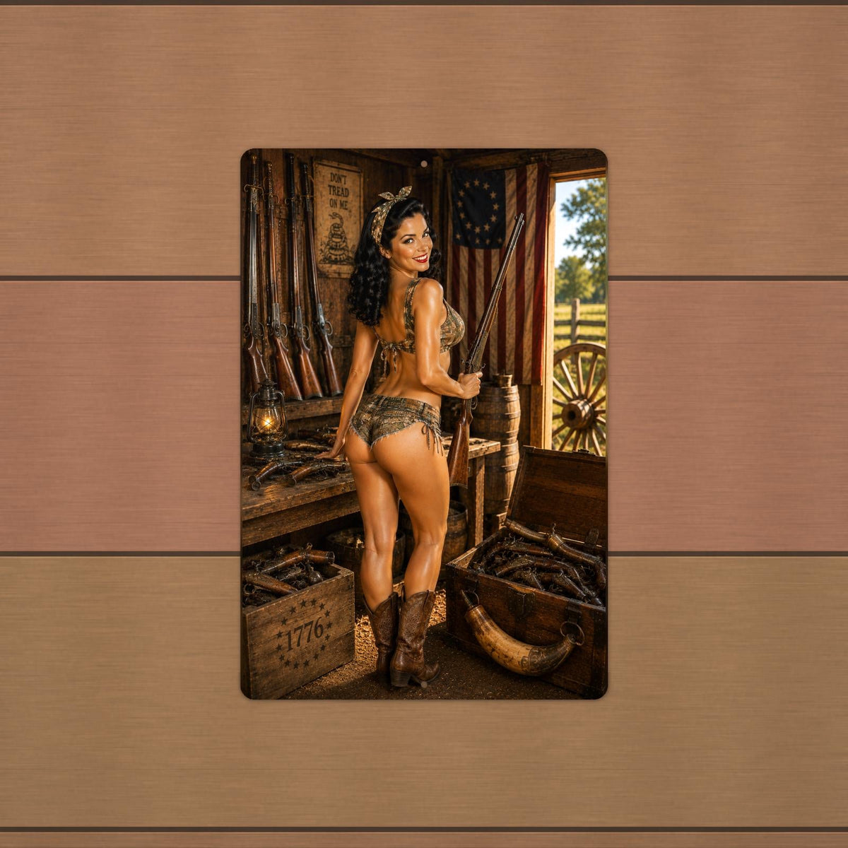 Gunsmith Shop Girl — Sexy Retro Pinup Sign printed edge to edge on a .032 inch aluminum sign with two mounting holes centred on the short edges, shown hanging on a wall