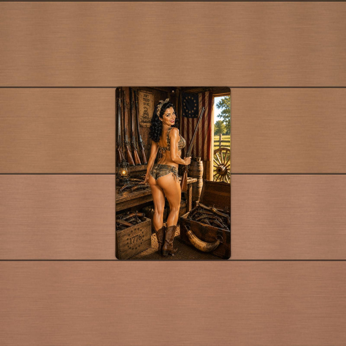 Gunsmith Shop Girl — Sexy Retro Pinup Sign aluminum sign shown hanging in a furnished room
