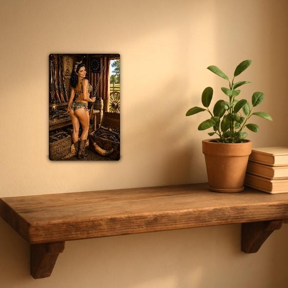 Gunsmith Shop Girl — Sexy Retro Pinup Sign aluminum sign shown in a styled room so its size is clear
