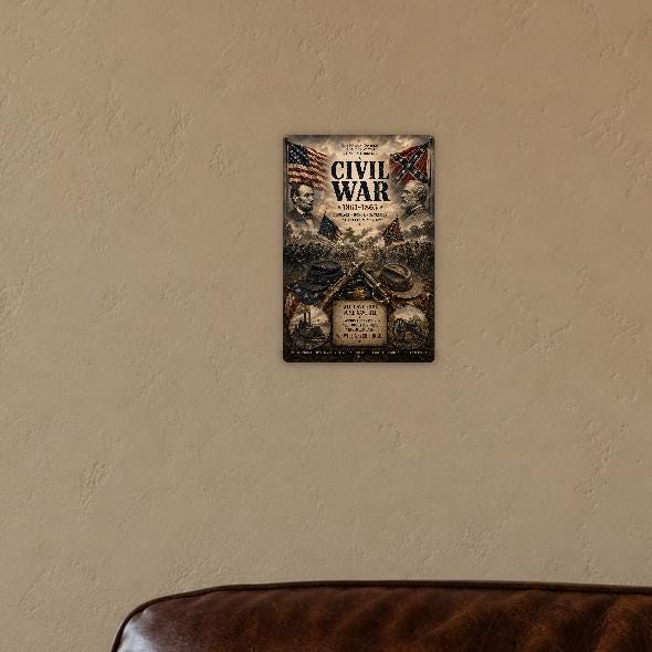 Civil War 1861-1865 Patriotic Metal Sign aluminum sign shown in a styled room so its size is clear