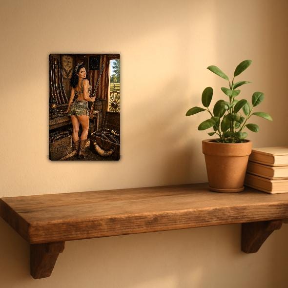 Armory Girl — Sexy Retro Pinup Sign aluminum sign shown in a styled room so its size is clear