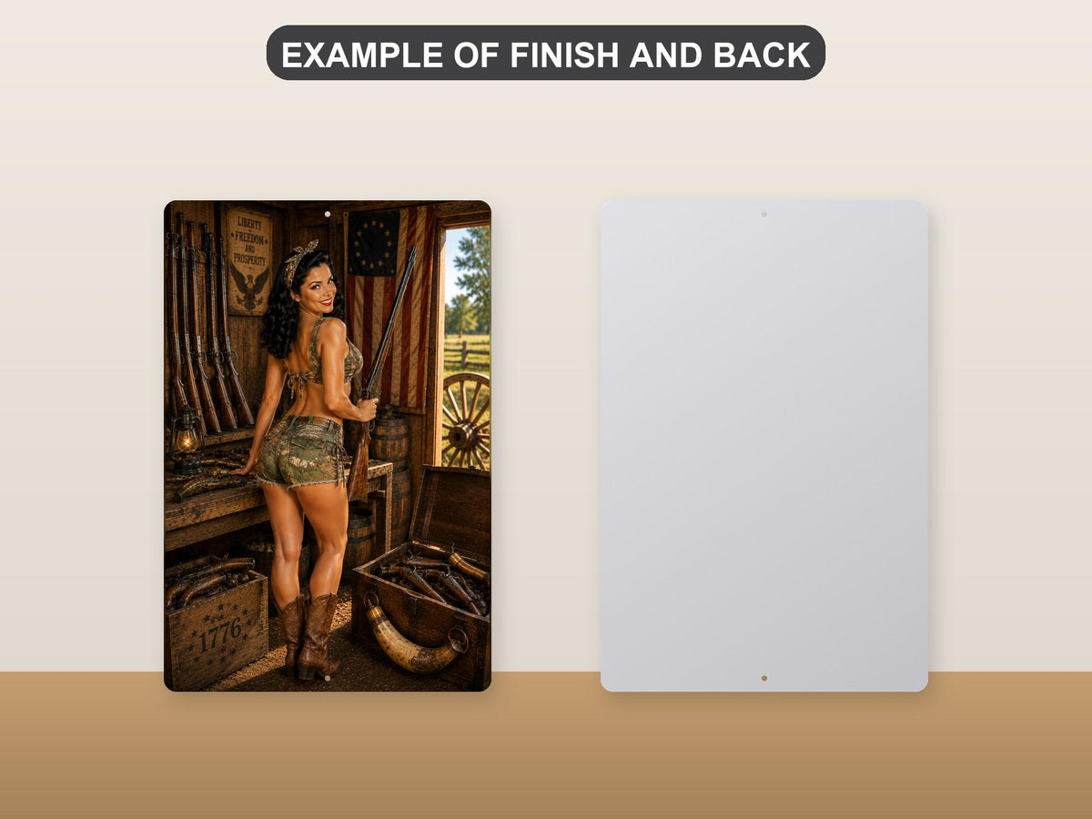 Front and back side by side: the printed Armory Girl — Sexy Retro Pinup Sign face, and the bare brushed aluminum back showing both mounting holes and the .032 inch panel thickness