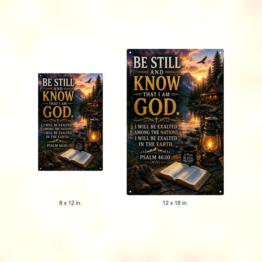 Be Still And Know Exalted Lakeside - Psalm 46:10, Christian Metal Sign 8x12 & 12x18 — Size options comparison