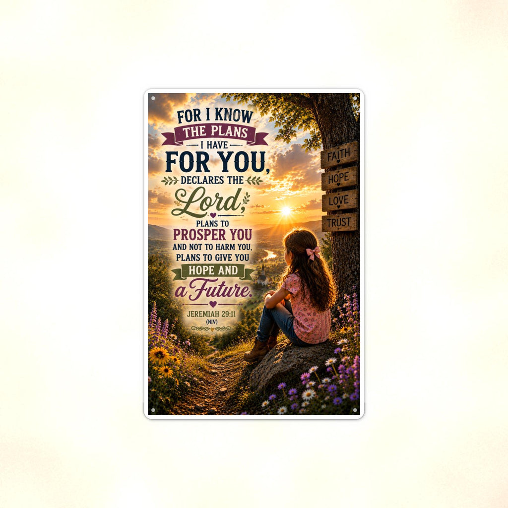 For I Know The Plans Girl At The Signpost - Jeremiah 29:11, Christian Metal Sign 8x12 & 12x18 — Full product view