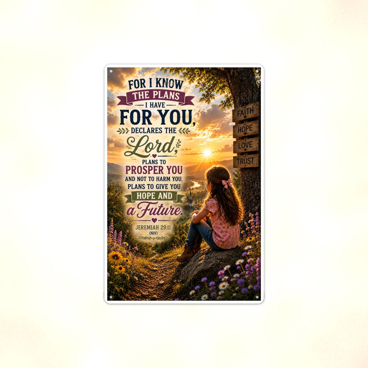 For I Know The Plans Girl At The Signpost - Jeremiah 29:11, Christian Metal Sign 8x12 & 12x18 — Full product view