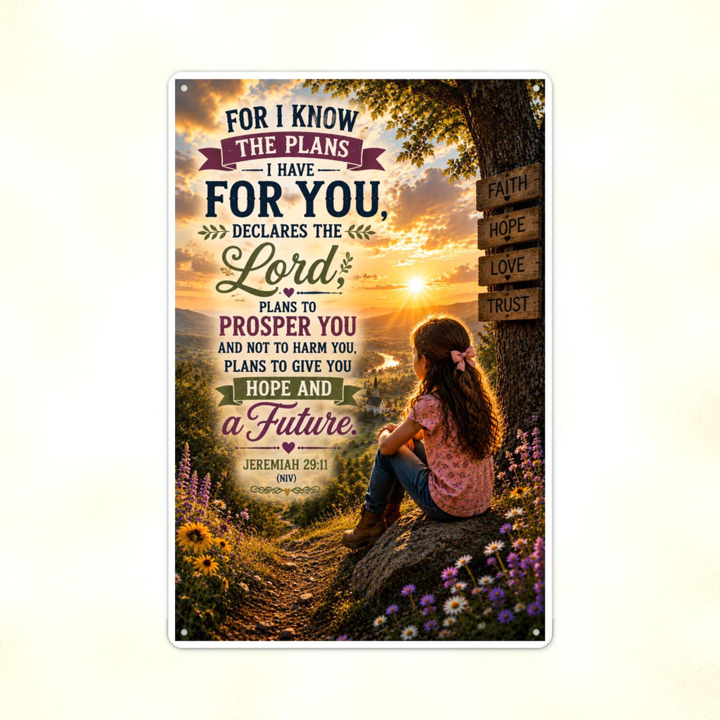 For I Know The Plans Girl At The Signpost - Jeremiah 29:11, Christian Metal Sign 8x12 & 12x18 — Print detail