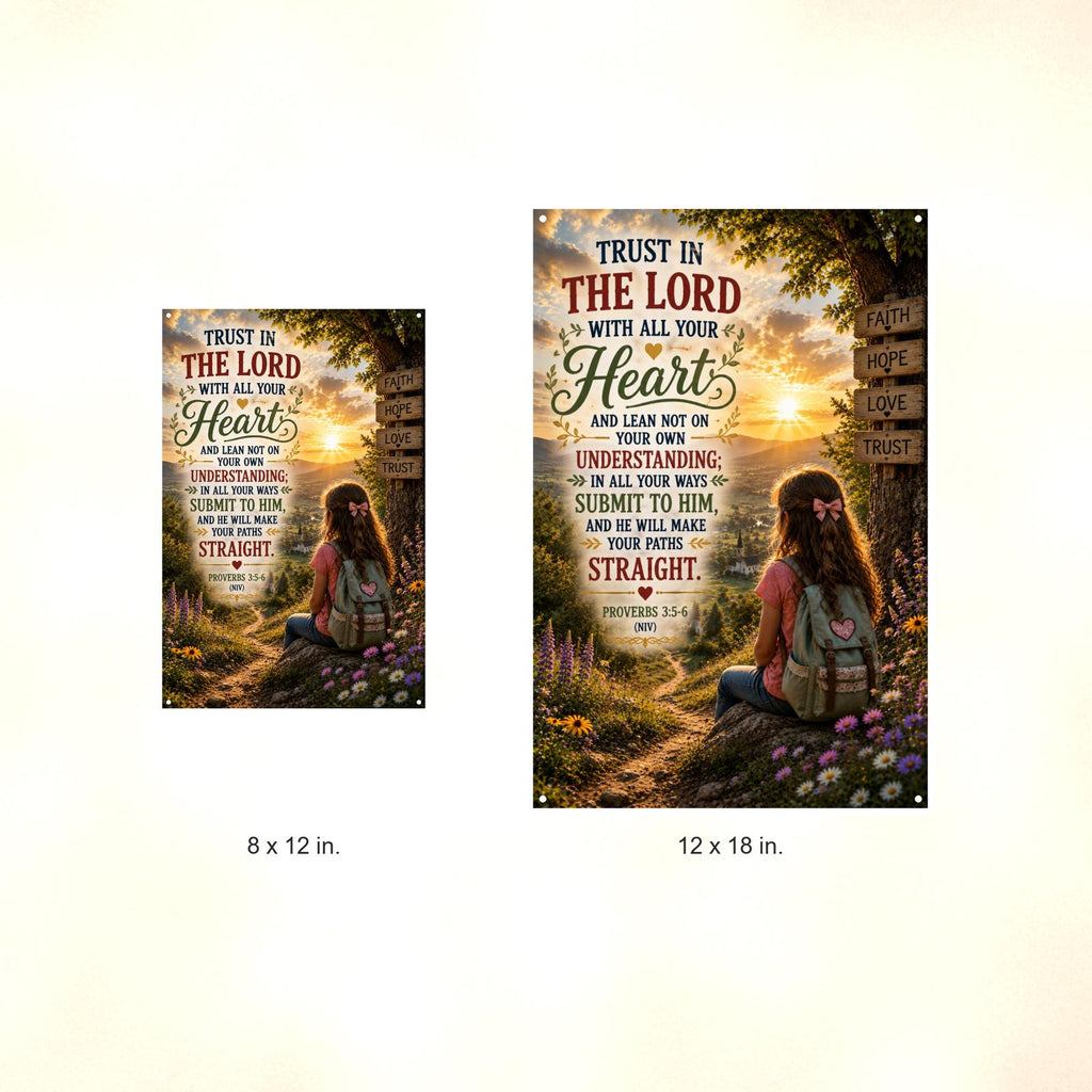 Trust In The Lord Girl At The Signpost - Proverbs 3:5-6, Christian Metal Sign 8x12 & 12x18 — Size options comparison