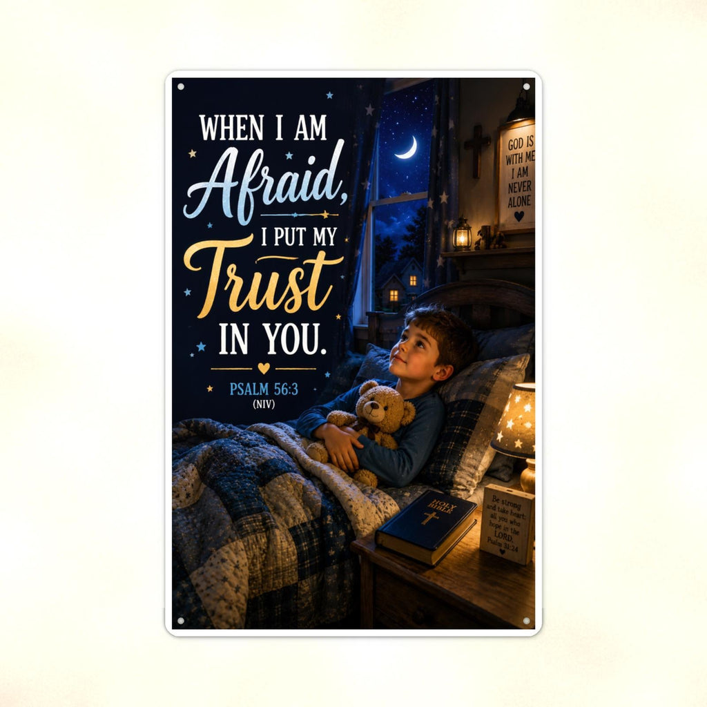 When I Am Afraid Boy Bedtime - Psalm 56:3, Christian Metal Sign 8x12 & 12x18 — Print detail