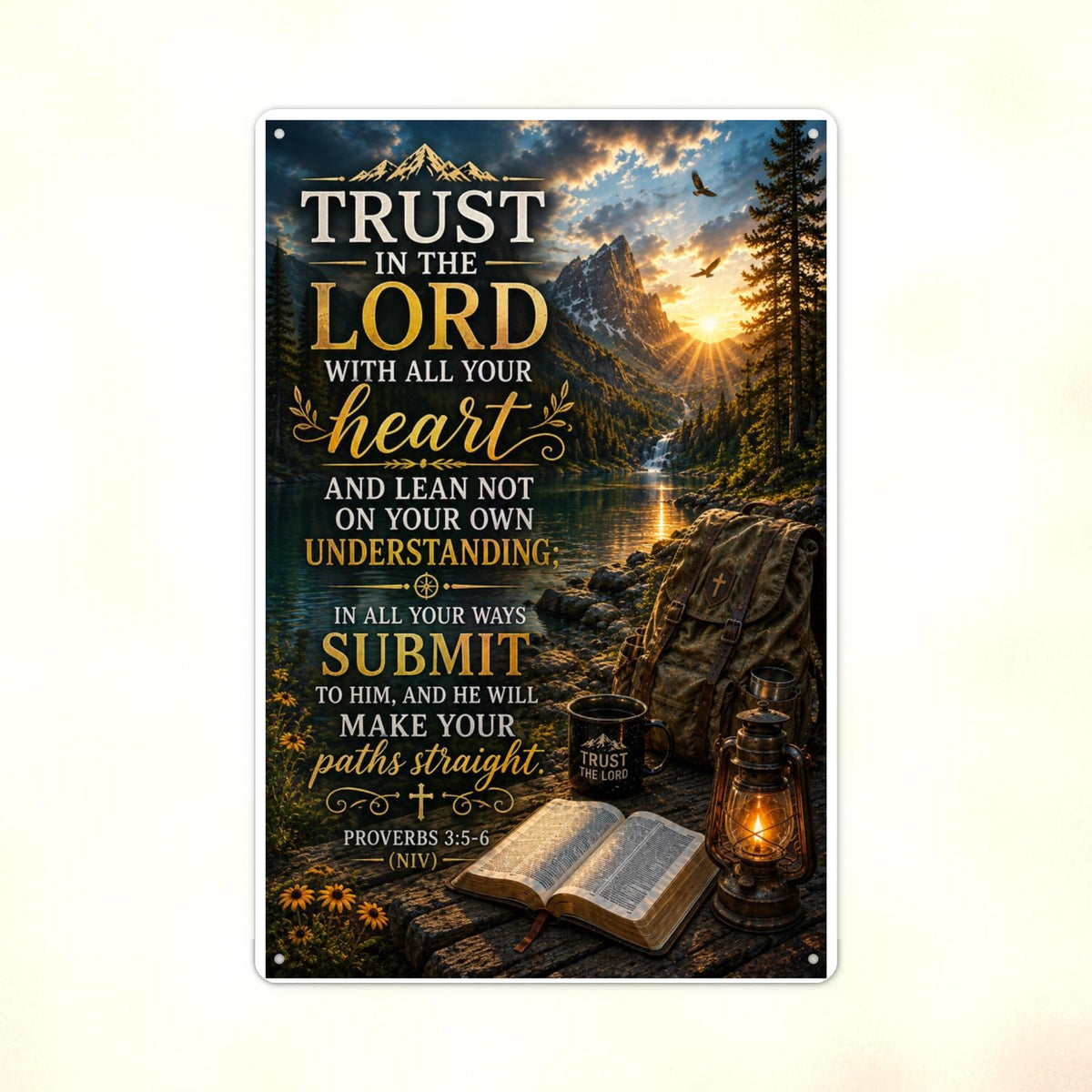 Trust In The Lord Mountain Lake Camp - Proverbs 3:5-6, Christian Metal Sign 8x12 & 12x18 — Print detail