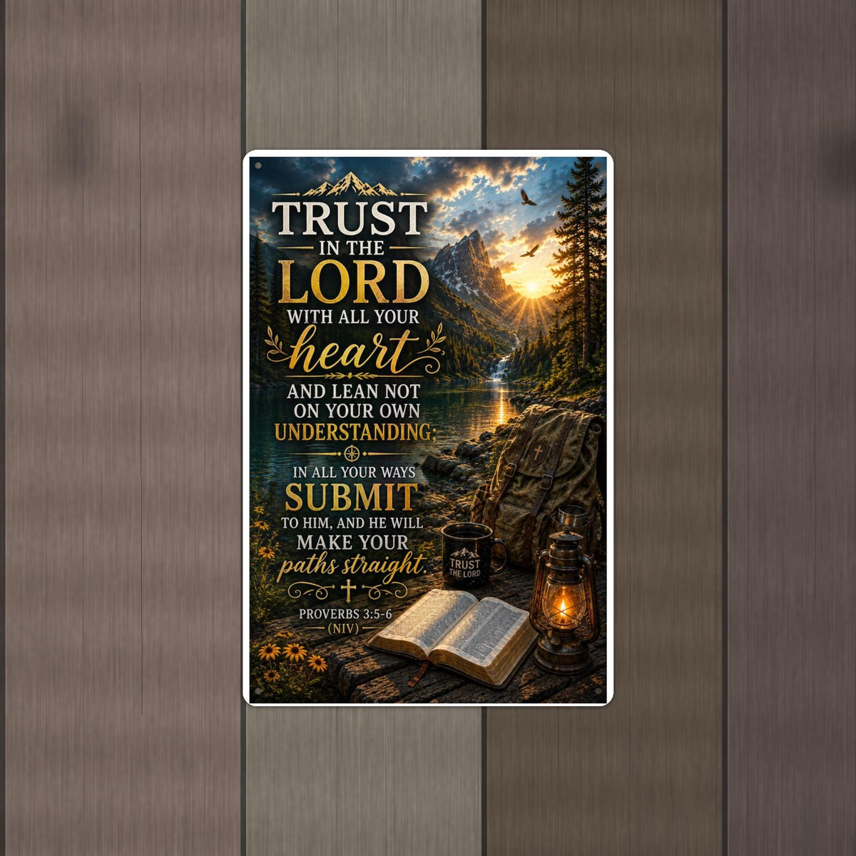 Trust In The Lord Mountain Lake Camp - Proverbs 3:5-6, Christian Metal Sign 8x12 & 12x18 — Alternate wall view
