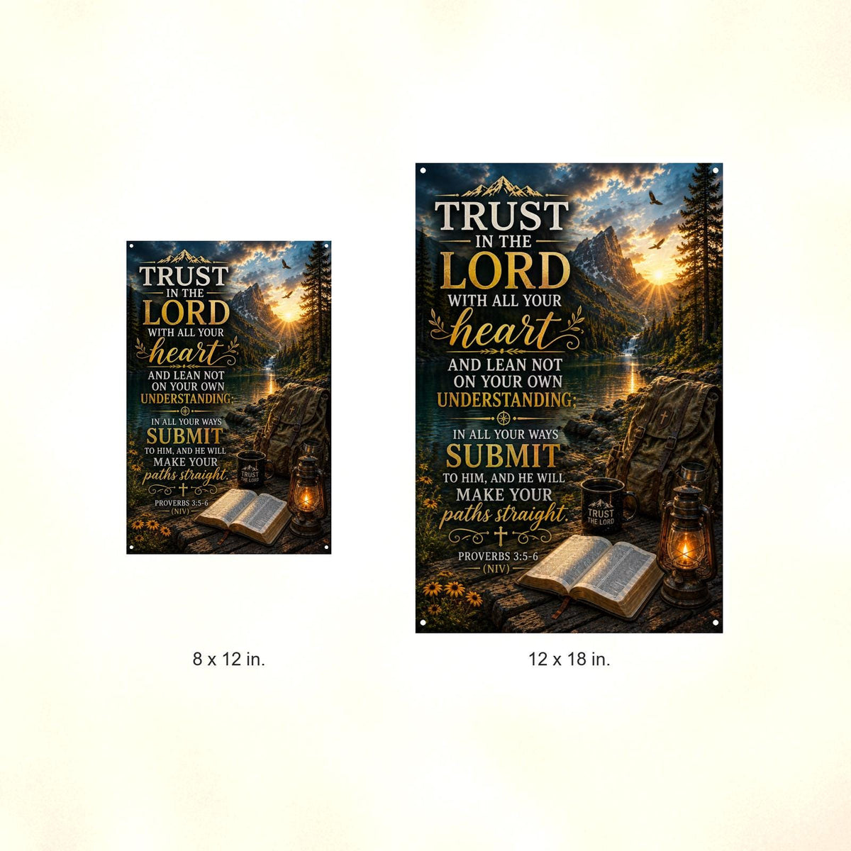 Trust In The Lord Mountain Lake Camp - Proverbs 3:5-6, Christian Metal Sign 8x12 & 12x18 — Size options comparison