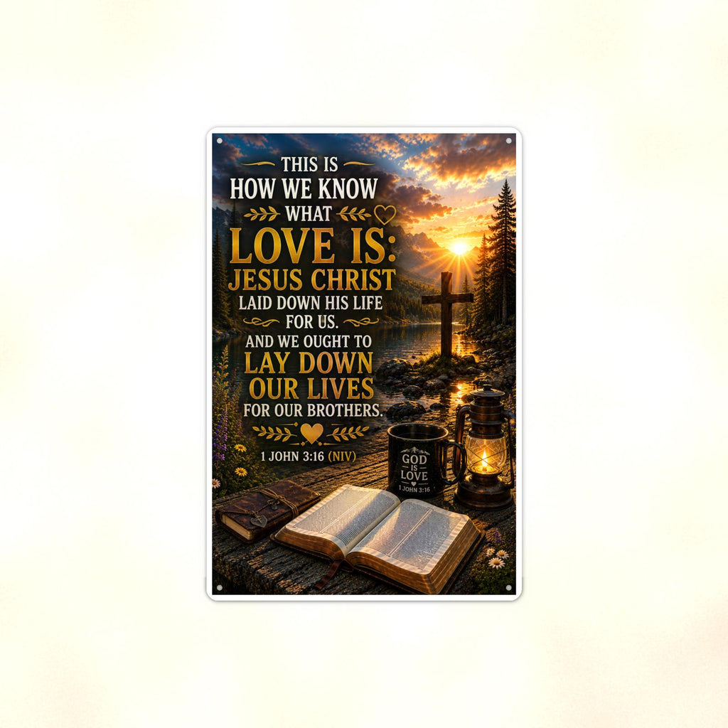 How We Know What Love Is - 1 John 3:16, Christian Metal Sign 8x12 & 12x18 — Full product view