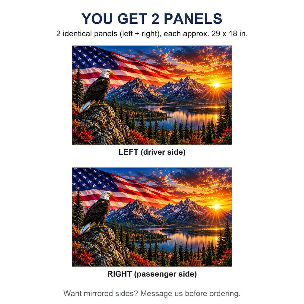 Two identical perforated window panels side by side labeled LEFT and RIGHT, both showing the same bald eagle flag mountain lake design, each panel 29 by 18 inches, full rectangle before trimming to fit. A note offers mirrored sides on request.