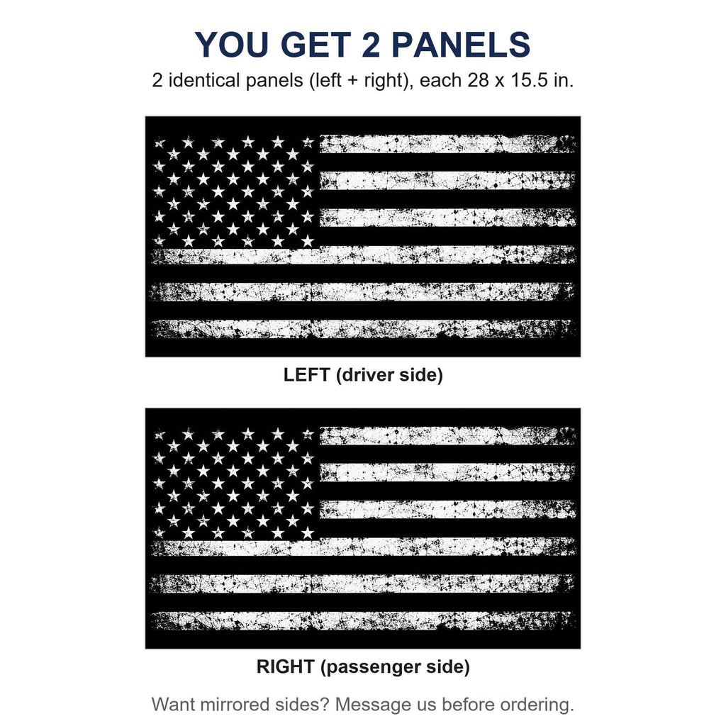 Two identical perforated window panels side by side labeled LEFT and RIGHT, both showing the same full-bleed black and white distressed flag design, each panel 28 by 15.5 inches, full rectangle before trimming to fit. A note offers mirrored sides on request.