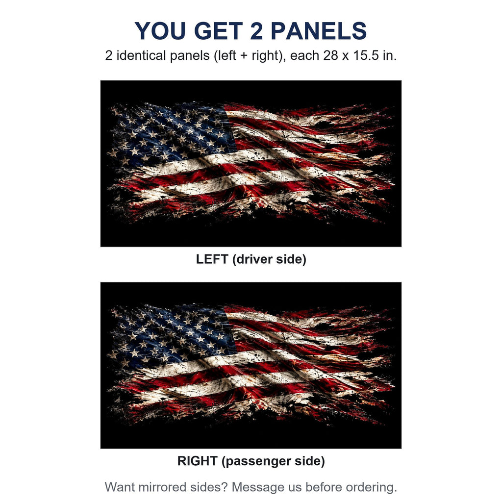 Two identical perforated window panels side by side labeled LEFT and RIGHT, both showing the same grunge flag on black design, each panel 28 by 15.5 inches, full rectangle before trimming to fit. A note offers mirrored sides on request.