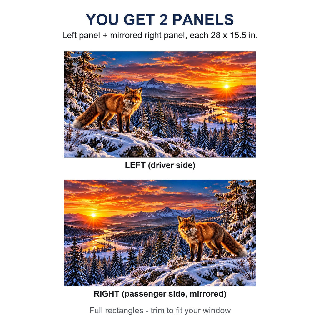 Two perforated window panels side by side labeled LEFT (driver side) and RIGHT (passenger side, mirrored) - red fox winter sunset design, each panel 28 by 15.5 inches, full rectangle before trimming to fit.