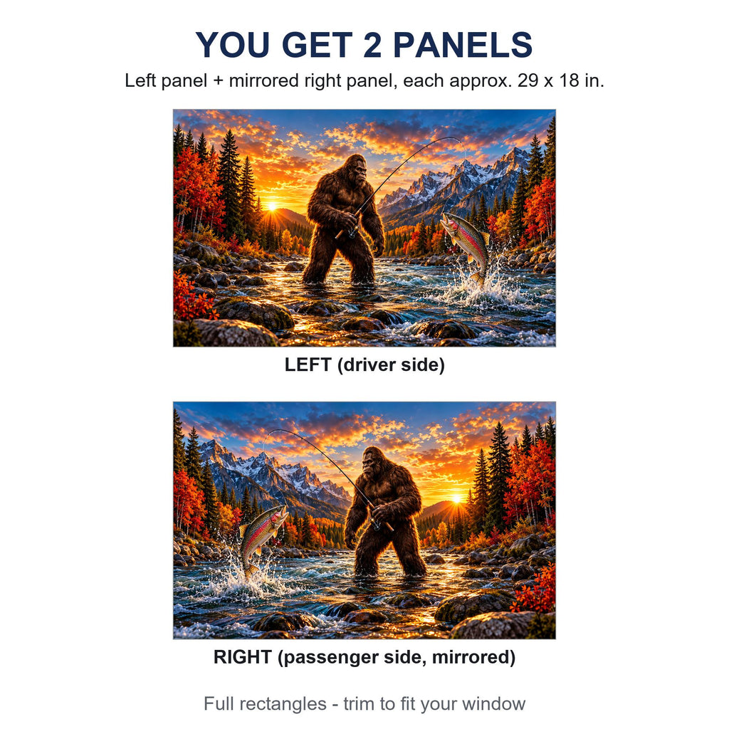 Two perforated window panels side by side labeled LEFT (driver side) and RIGHT (passenger side, mirrored) - Bigfoot fishing a trout river design, each panel 29 by 18 inches, full rectangle before trimming to fit.